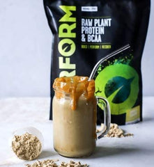 Close-up of silky textured banana cinnamon plant protein powder