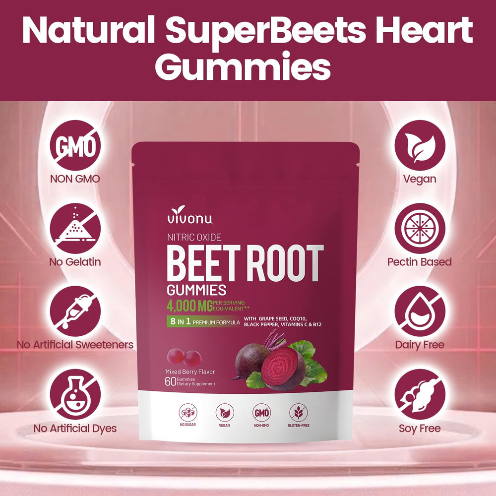 Beetroot gummy with CoQ10 and berry flavor theme