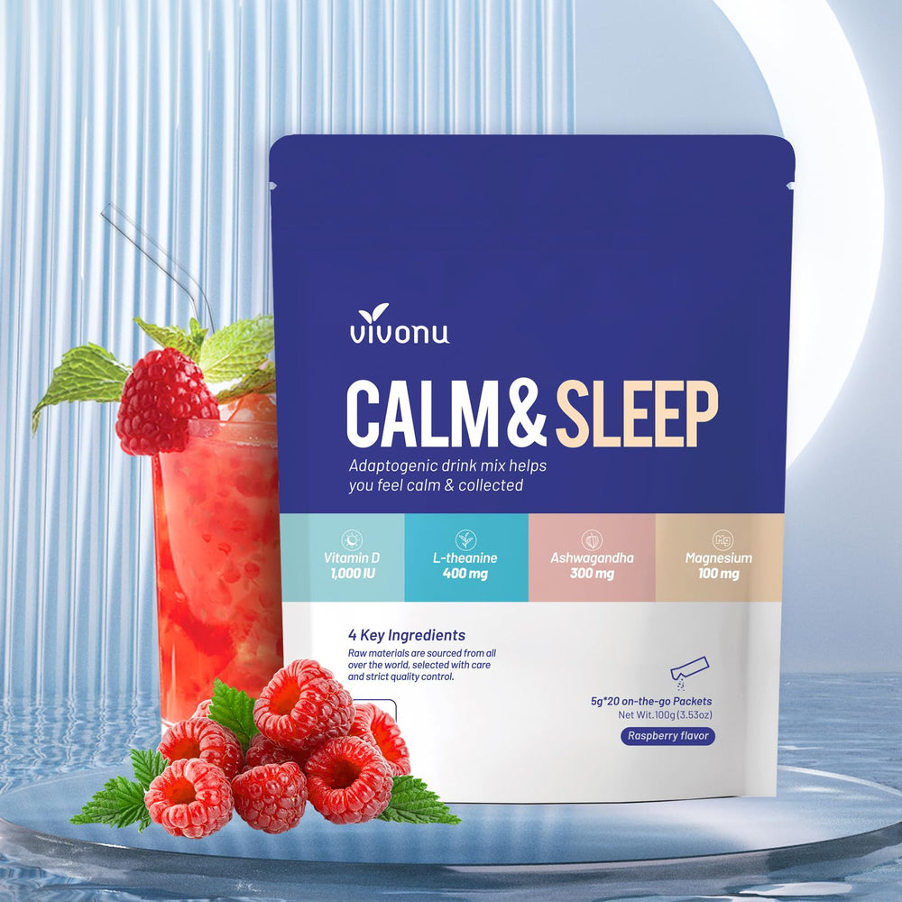 VivoNu Calm & Sleep Raspberry powder drink mix canister with on-the-go packets