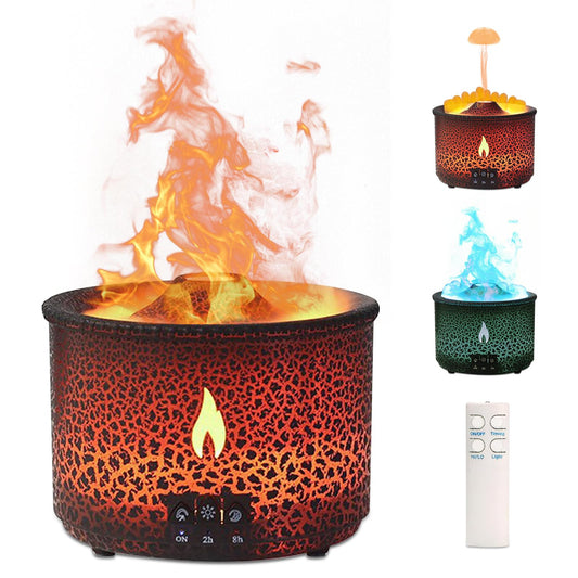 Volcano Humidifier with red flame light design on a bedside table