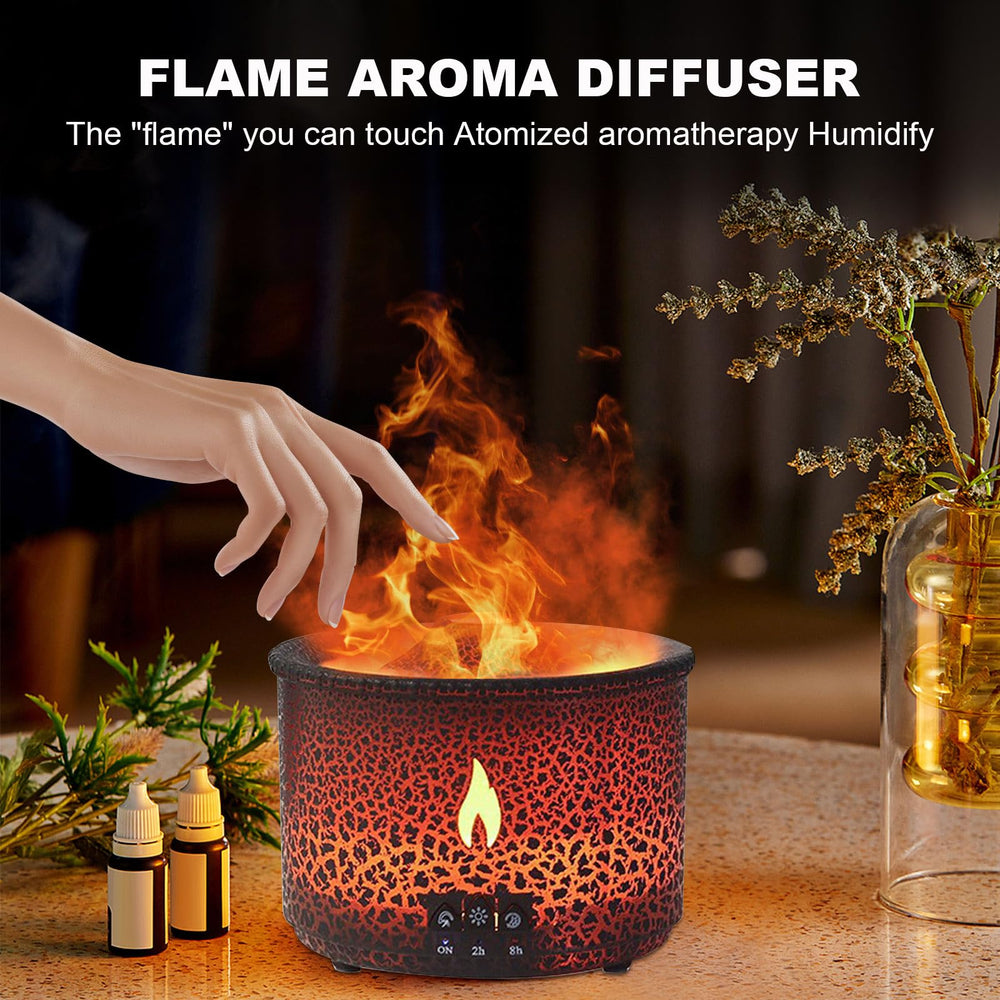 Volcano flame diffuser emitting a soft flame and mist