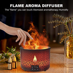 Volcano flame diffuser emitting a soft flame and mist