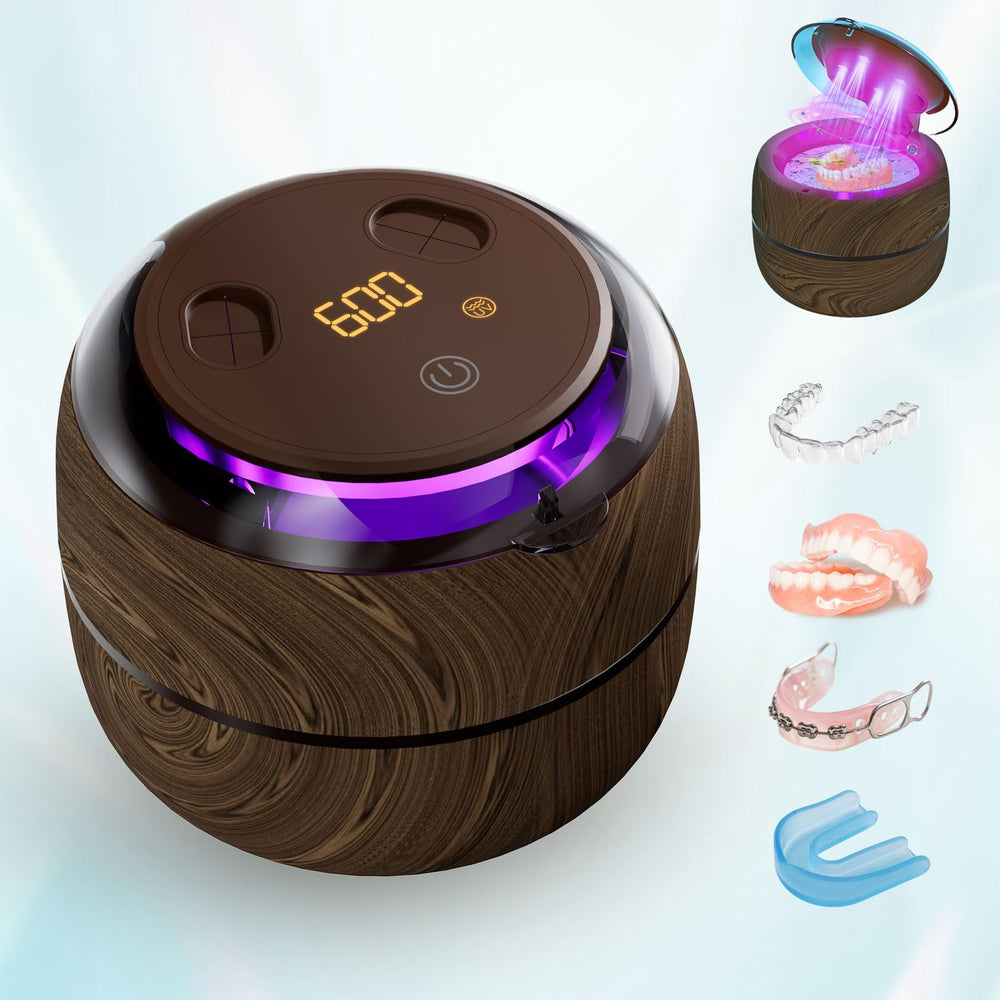 Front view of Voraiya Ultrasonic Retainer Cleaner with wood-grain finish
