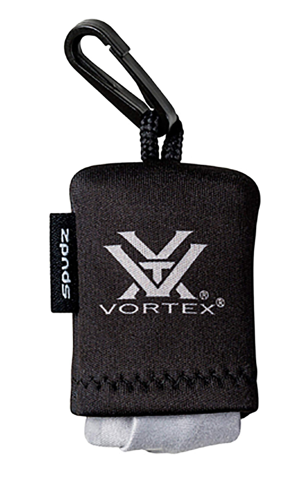 Vortex Optics Spudz microfiber cleaning cloth attached to a neoprene pouch