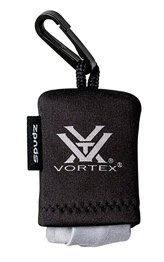 Vortex Optics Spudz microfiber cleaning cloth attached to a neoprene pouch