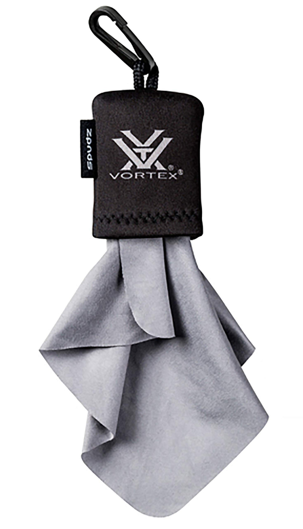 Vortex Spudz microfiber cleaning cloth attached to a key chain or zipper for easy access