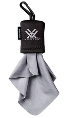 Vortex Spudz microfiber cleaning cloth attached to a key chain or zipper for easy access