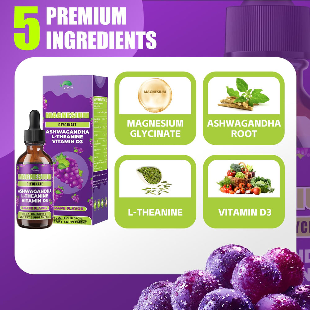 Close-up of grape-flavored magnesium liquid bottle