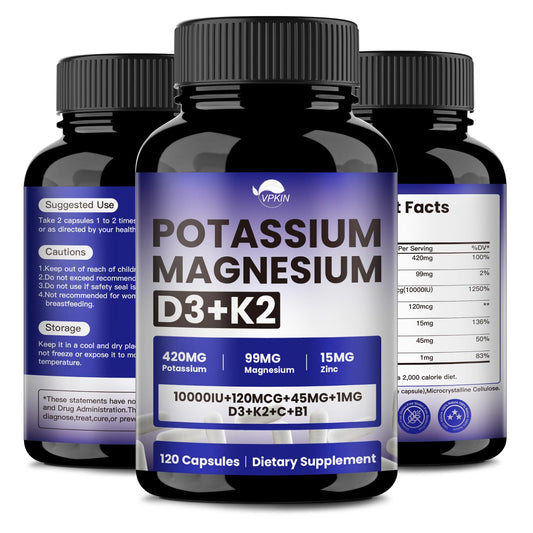 Front view of VPKIN 5-in-1 potassium magnesium zinc D3 K2 supplement bottle