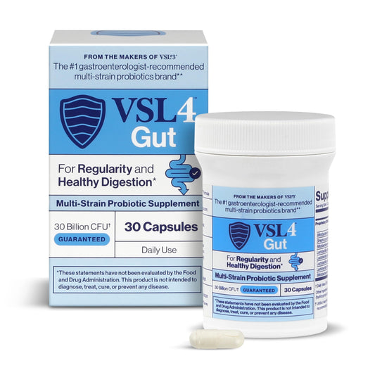 VSL4 Gut Daily Probiotics bottle with label showing 30 capsules