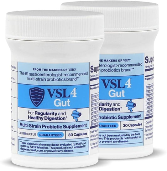 Front view of VSL4 Gut Daily Probiotics bottle and packaging