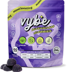 Hero shot of Vybe Daily Nootropic Gummies blueberry flavor bottle