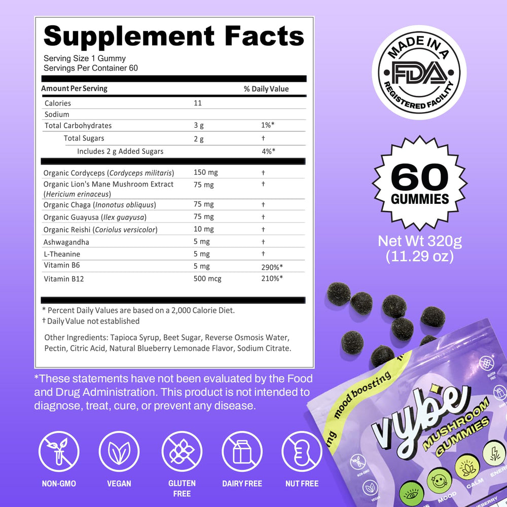 Close-up of Vybe Gummies label with blueberry flavor