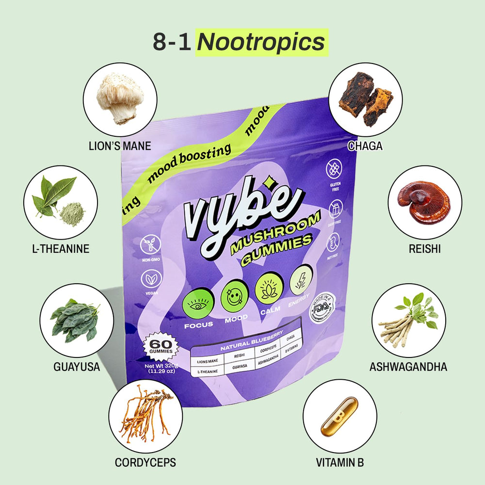 Open bottle of Vybe Daily Nootropic Gummies with gummies spilled