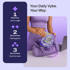 Serving suggestions showing focus, energy and mood benefits from Vybe Gummies