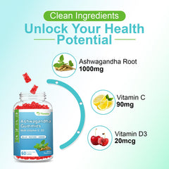 Supplement facts label featuring 1000mg ashwagandha with vitamins C and D3