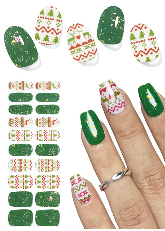Wahrshei green Christmas tree semi-cured nail sticker on glossy sheet for festive DIY nails.