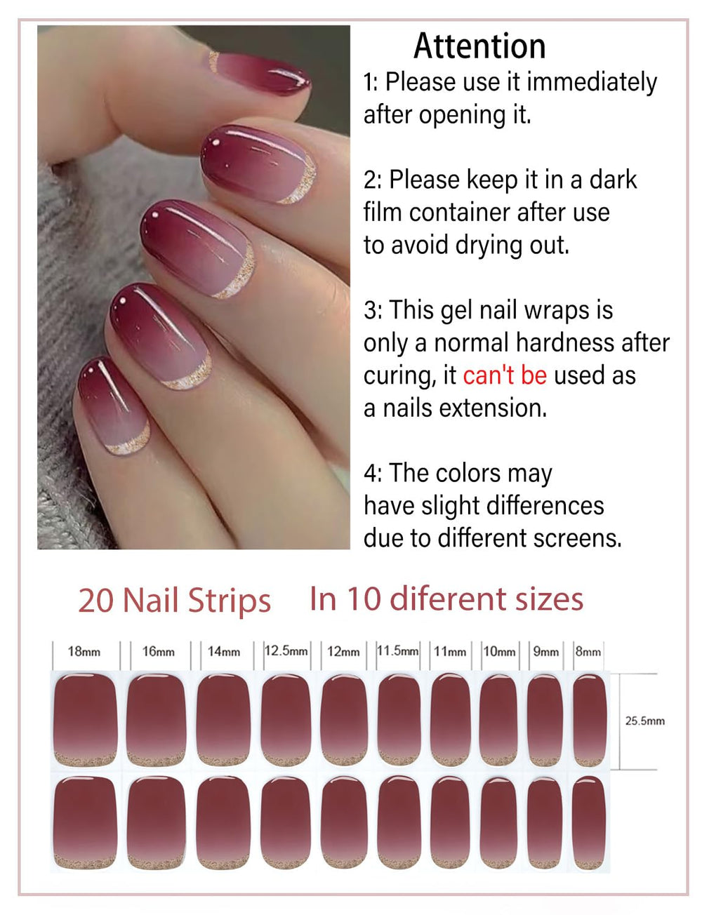 Wahrshei semi-cured gel nail strips in plum ombre glitter for quick, glossy nails.