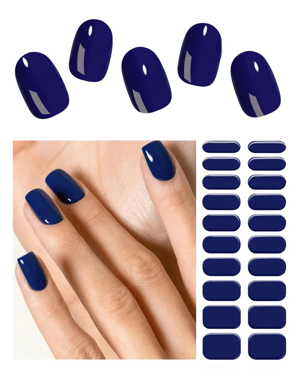 Wahrshei semi-cured gel nail strips in dark blue, ready for quick home manicure.
