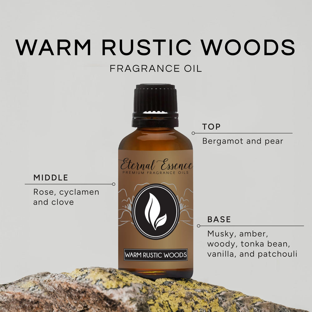 Close-up of Warm Rustic Woods 30ml fragrance oil bottle with label