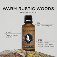 Close-up of Warm Rustic Woods 30ml fragrance oil bottle with label