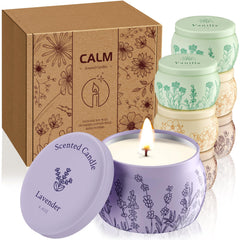 WarmEmbrace 8-piece candle set jars featuring lavender, vanilla, rose & sandalwood, and jasmine fragrances