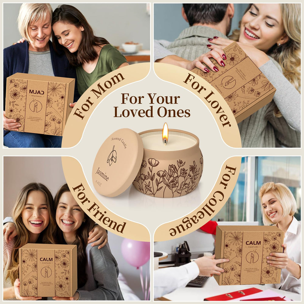 Open gift box showing the WarmEmbrace 8-piece candle set jars