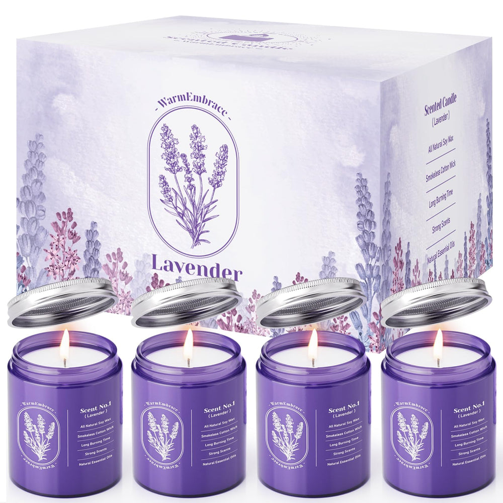 WarmEmbrace Lavender Candle in purple glass jar - front view