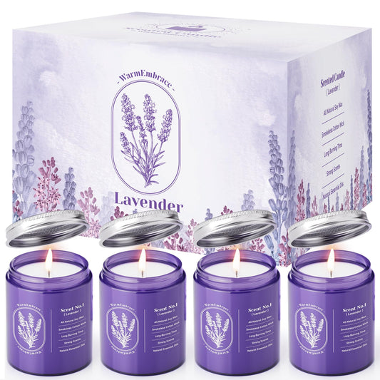 WarmEmbrace Lavender Candle in purple glass jar - front view