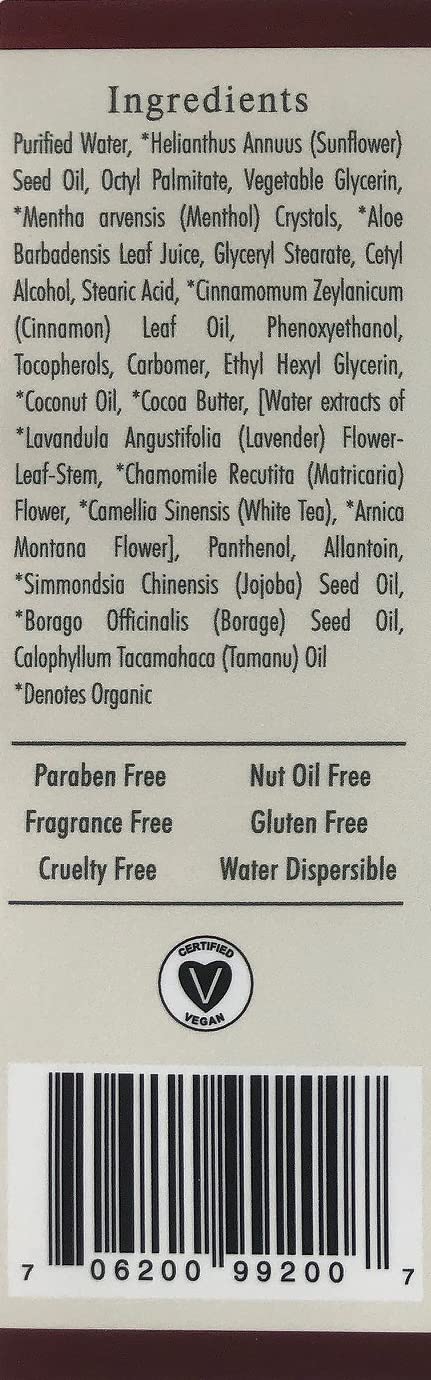 Label highlighting vegan, cruelty-free, and nut-oil-free formula