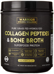 Jar of Warrior Strong Wellness collagen peptides and bone broth powder, grass-fed, unflavored.
