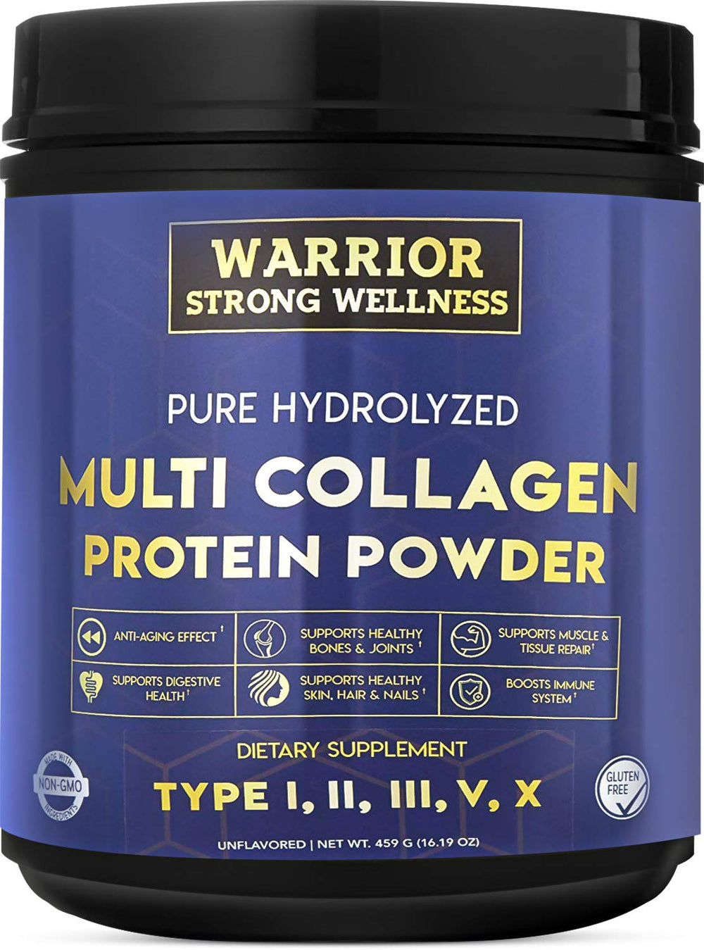 Front view of Warrior Strong Wellness unflavored collagen powder jar