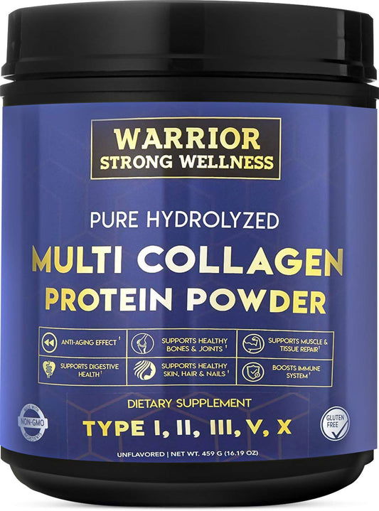 Front view of Warrior Strong Wellness unflavored collagen powder jar