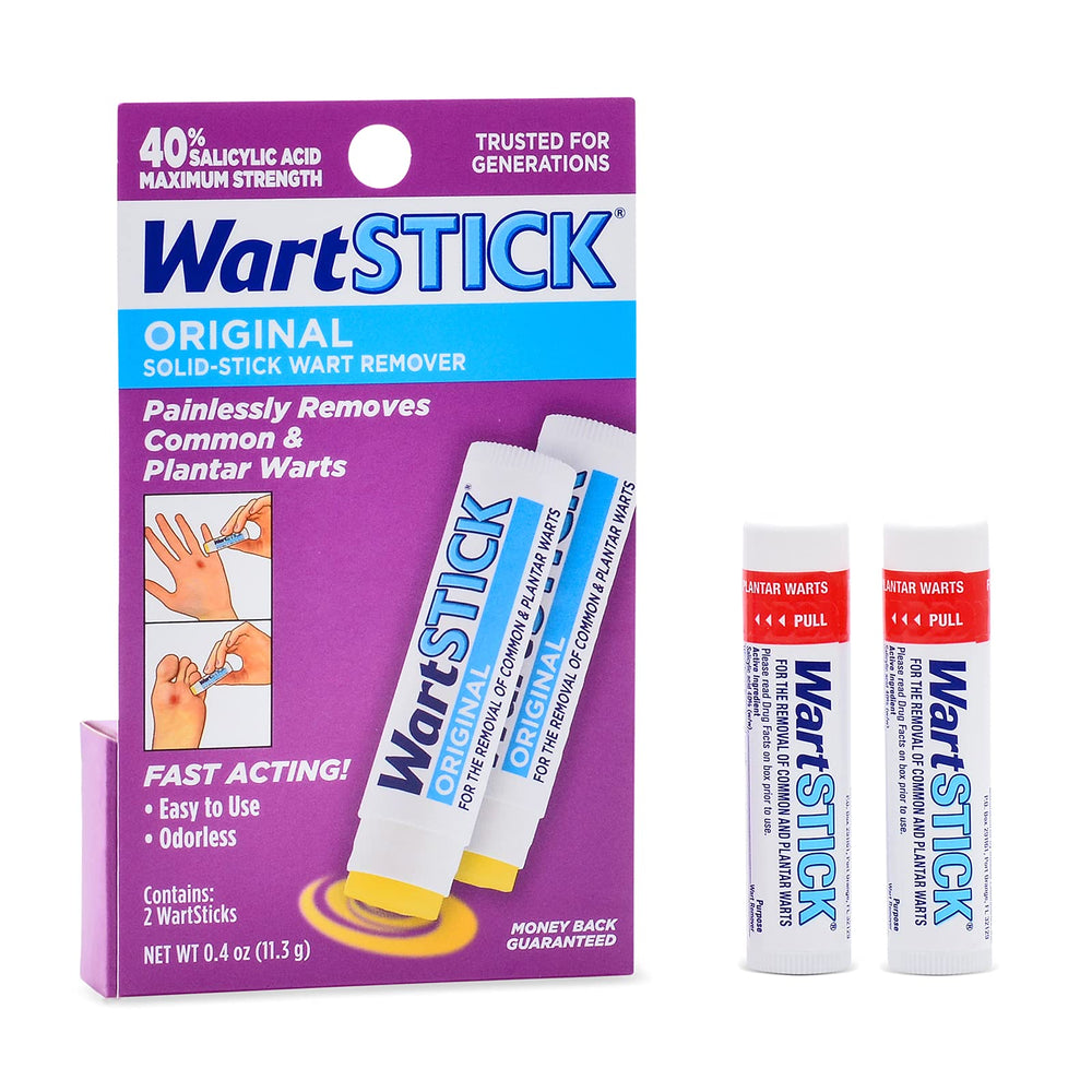 WartStick maximum-strength two-pack front view shows portable wart remover for home use.