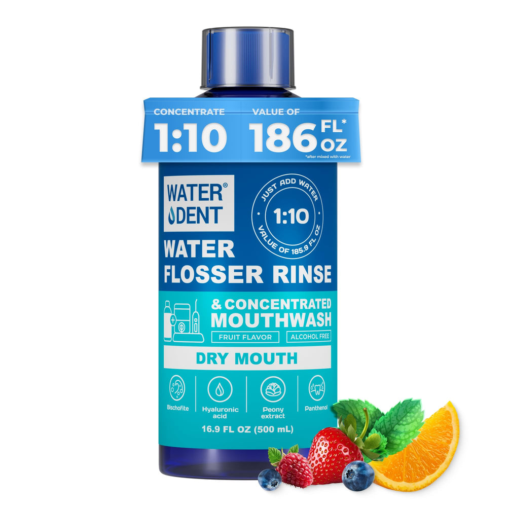 Water Dent concentrated rinse bottle label - concentrated irrigant for water flossers