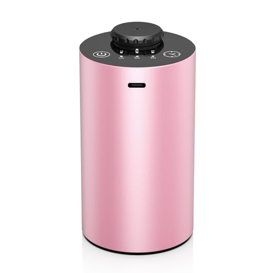 Waterless battery-operated car diffuser in black aluminum alloy with pink accent