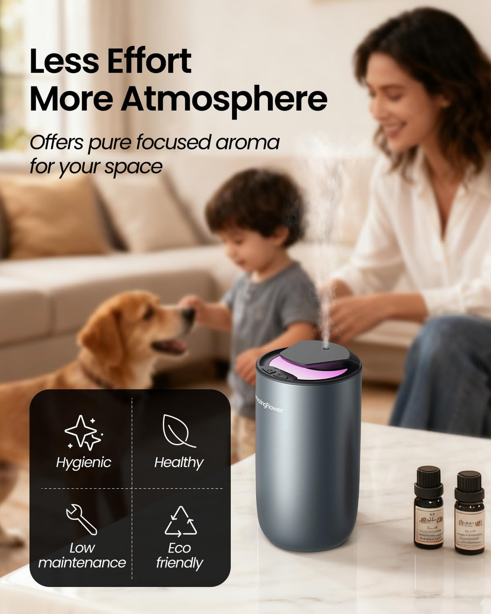 Three mist levels and three LED color options