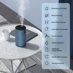 Blue waterless diffuser connected to USB-C charger with mist