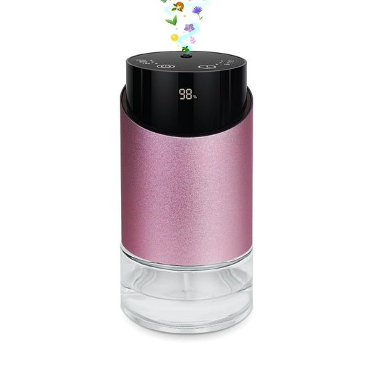 Waterless essential oil diffuser with metal cylindrical body and glass base