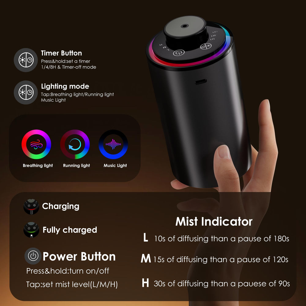LED display showing mode and timer on Black Waterless Diffuser