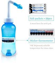 Waterpulse Neti Pot thermometer sticker shows guidance for safe water temperature during rinses.