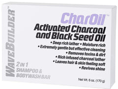 WaveBuilder CharOil 2-in-1 bar packaging shown, travel-friendly cleansing.