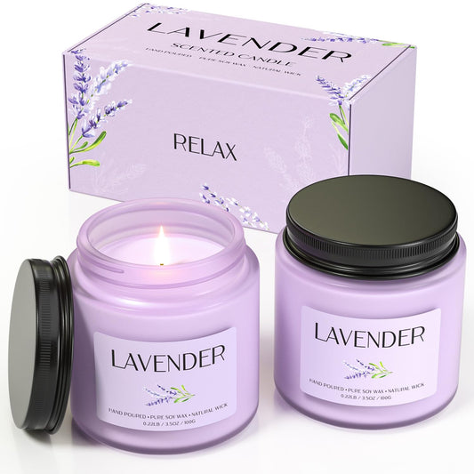 Front view of Waxcanpy Lavender Candle in a modern glass jar