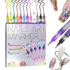Wcatea 12-color nail art pens close-up cap showing precise 0.5mm tip for sharp lines.