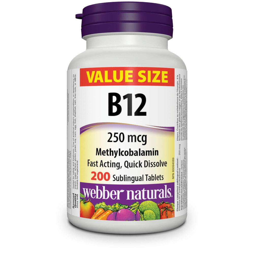 Bottle of Webber Naturals Vitamin B12 250 mcg methylcobalamin sublingual tablets