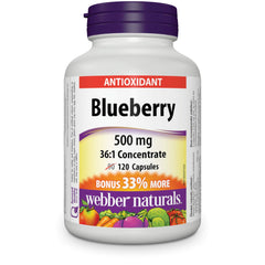 Front view of Webber Naturals Blueberry 36:1 Concentrate Capsule bottle