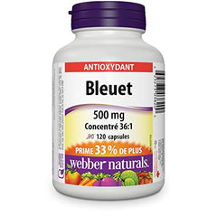 Close-up of bottle and label for Webber Naturals Blueberry 36:1 Concentrate Capsule