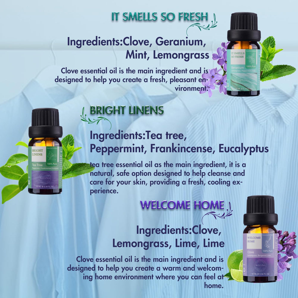 Close-up of citrus and tea tree essential oils