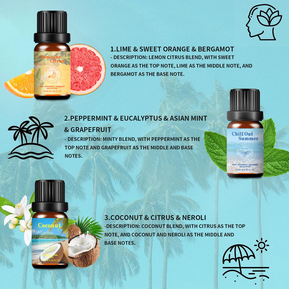 Six 10ml essential oil bottles from the set displayed together