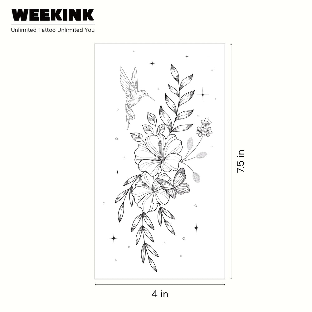 WEEKINK fine-line blackwork detailing with delicate petals and wings.